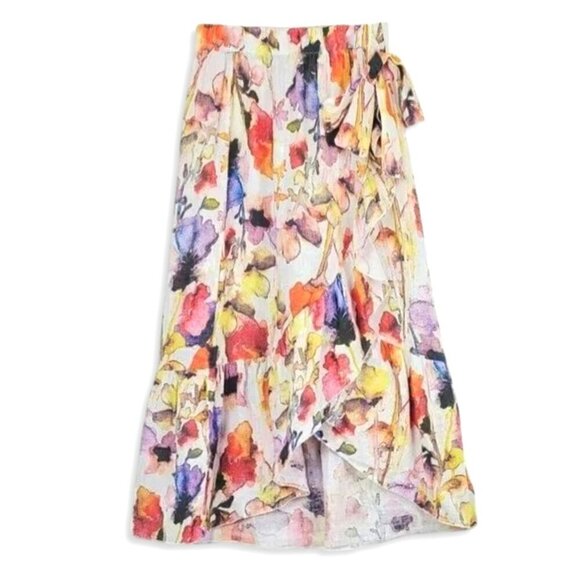 New! PIAZZA DEL TEMPIO Made In Italy Linen Ruffle Trim Floral Wrap Midi Skirt - Picture 4 of 8